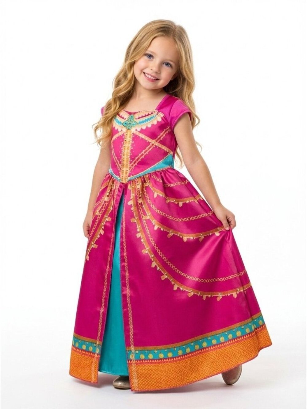Girls Jasmine Princess Costume Dress Hot Pink Teal Gold Birthday Party